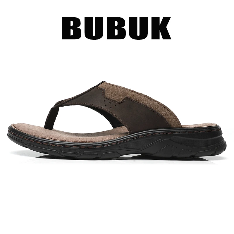 BUBUK Men's First-Layer Cowhide Sports Slippers, One-Pedal Outdoor Beach Shoes, Suitable for Travel and Hiking, Commuting to Wor
