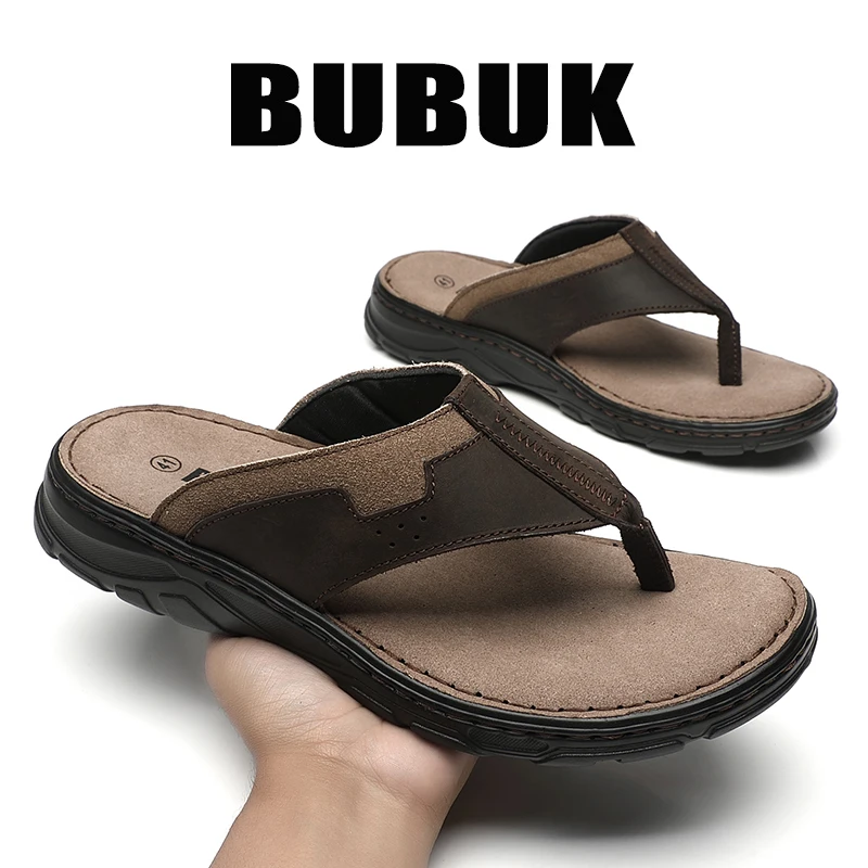 BUBUK Men's First-Layer Cowhide Sports Slippers, One-Pedal Outdoor Beach Shoes, Suitable for Travel and Hiking, Commuting to Wor