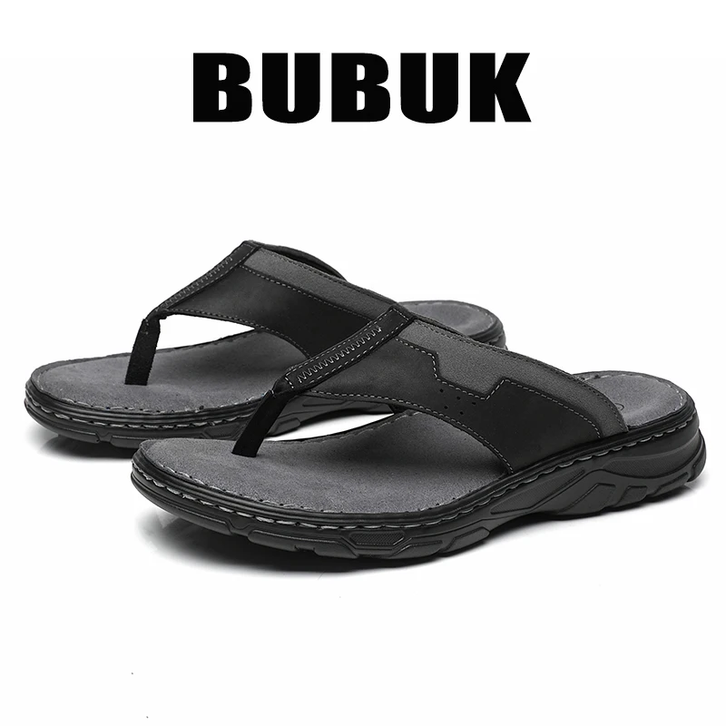 BUBUK Men's First-Layer Cowhide Sports Slippers, One-Pedal Outdoor Beach Shoes, Suitable for Travel and Hiking, Commuting to Wor
