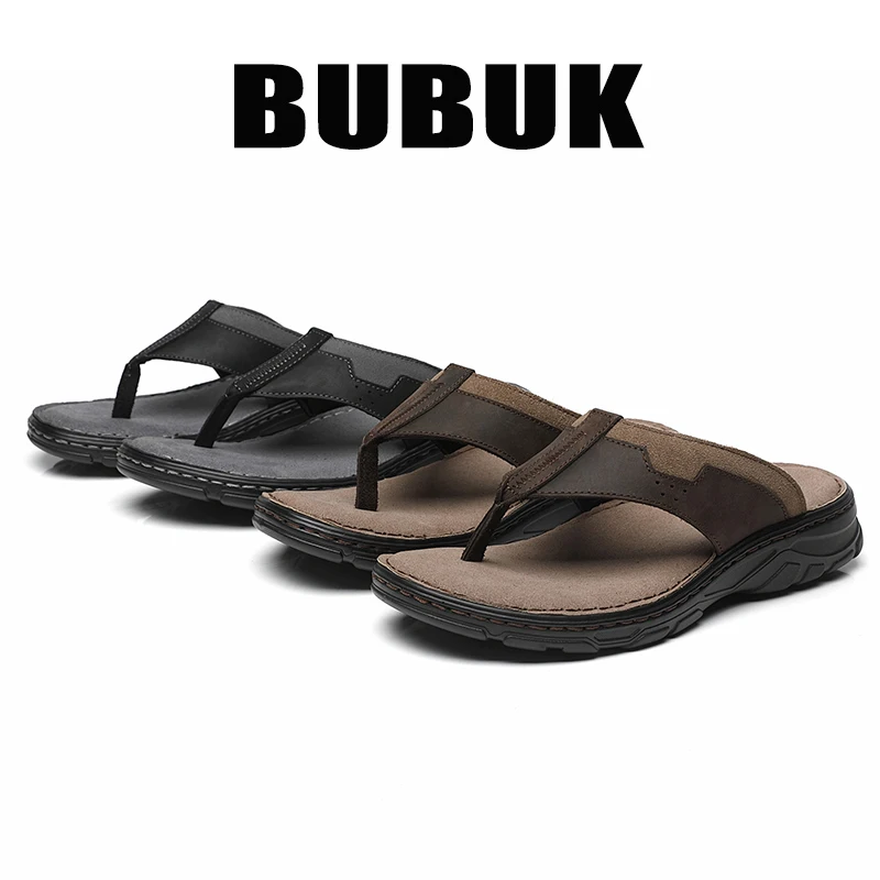 BUBUK Men's First-Layer Cowhide Sports Slippers, One-Pedal Outdoor Beach Shoes, Suitable for Travel and Hiking, Commuting to Wor