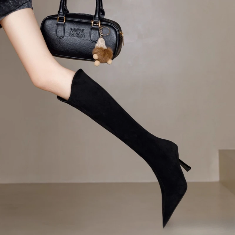 Vintage Pointed Toe Women Stretch Slim High Boots Fashion Back Zippers Shoes Autumn Winter High Heel Ladies Knight Long Booties