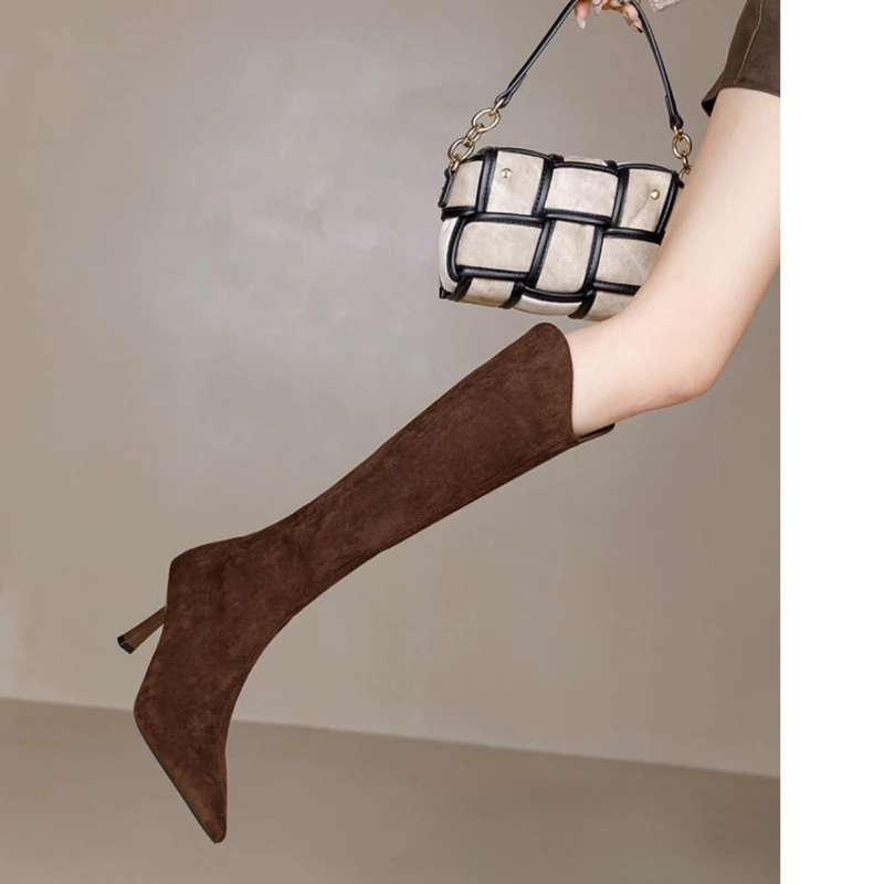 Vintage Pointed Toe Women Stretch Slim High Boots Fashion Back Zippers Shoes Autumn Winter High Heel Ladies Knight Long Booties
