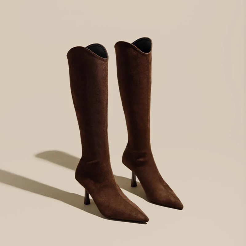 Vintage Pointed Toe Women Stretch Slim High Boots Fashion Back Zippers Shoes Autumn Winter High Heel Ladies Knight Long Booties