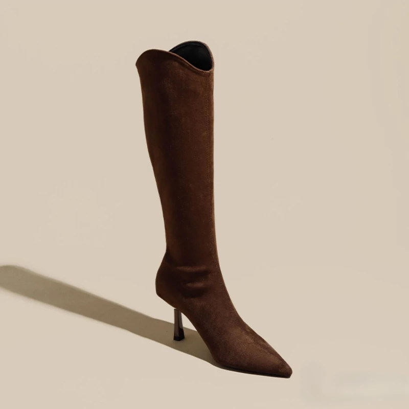 Vintage Pointed Toe Women Stretch Slim High Boots Fashion Back Zippers Shoes Autumn Winter High Heel Ladies Knight Long Booties