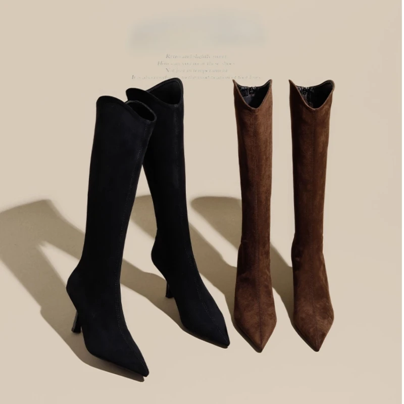Vintage Pointed Toe Women Stretch Slim High Boots Fashion Back Zippers Shoes Autumn Winter High Heel Ladies Knight Long Booties