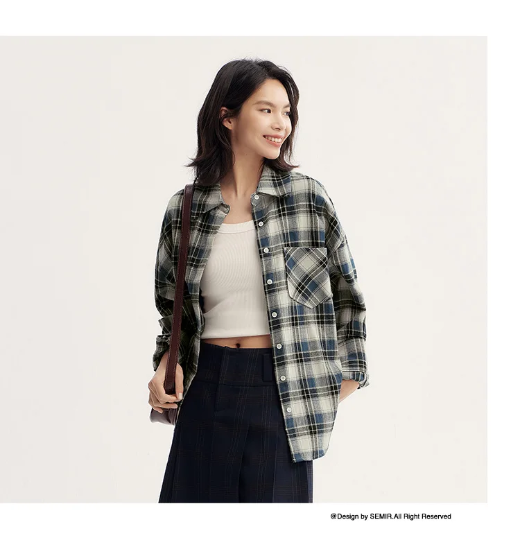Semir Long Sleeve Shirt Women Oversized Drop Shoulder Plaid Shirt Autumn Chic Loose Retro Casual Stylish Top