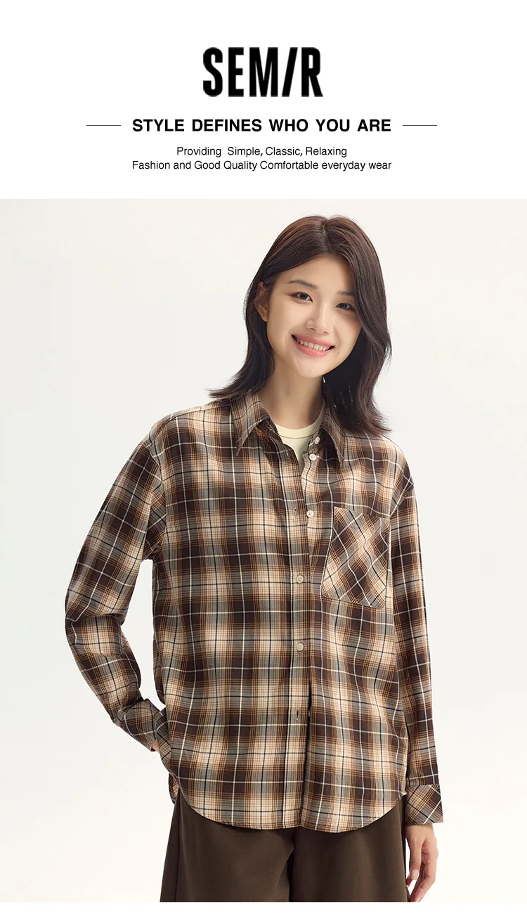 Semir Long Sleeve Shirt Women Oversized Drop Shoulder Plaid Shirt Autumn Chic Loose Retro Casual Stylish Top