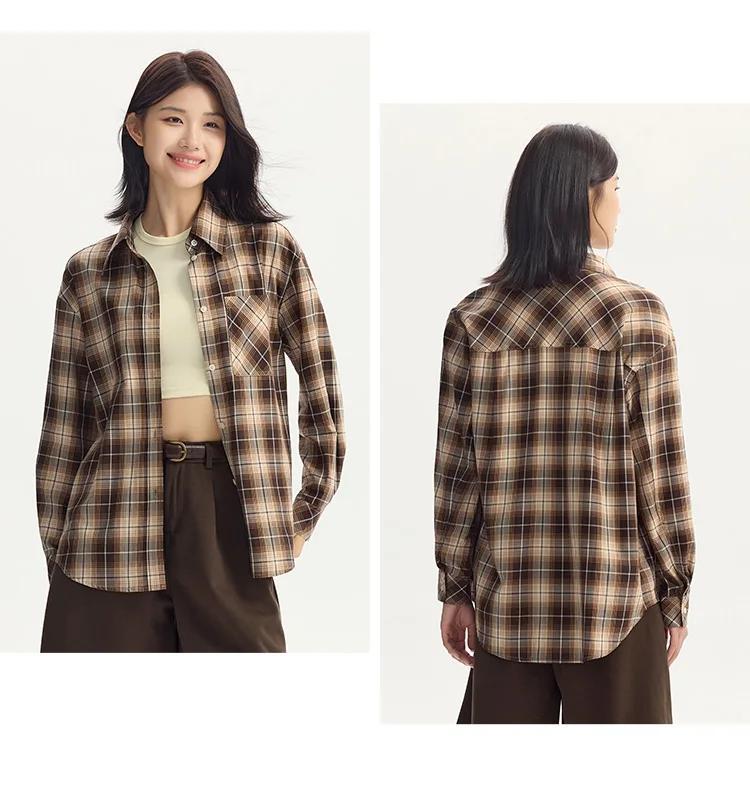 Semir Long Sleeve Shirt Women Oversized Drop Shoulder Plaid Shirt Autumn Chic Loose Retro Casual Stylish Top