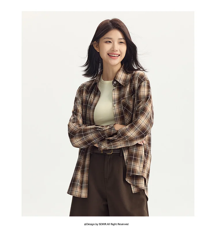 Semir Long Sleeve Shirt Women Oversized Drop Shoulder Plaid Shirt Autumn Chic Loose Retro Casual Stylish Top