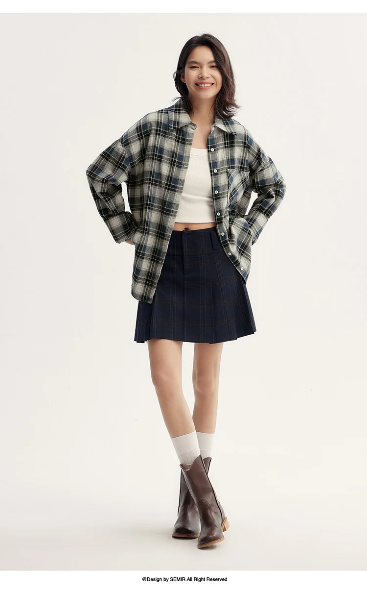 Semir Long Sleeve Shirt Women Oversized Drop Shoulder Plaid Shirt Autumn Chic Loose Retro Casual Stylish Top