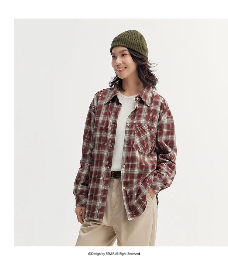 Semir Long Sleeve Shirt Women Oversized Drop Shoulder Plaid Shirt Autumn Chic Loose Retro Casual Stylish Top