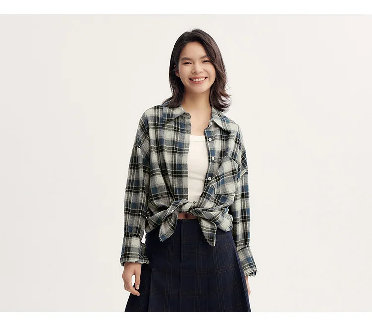 Semir Long Sleeve Shirt Women Oversized Drop Shoulder Plaid Shirt Autumn Chic Loose Retro Casual Stylish Top
