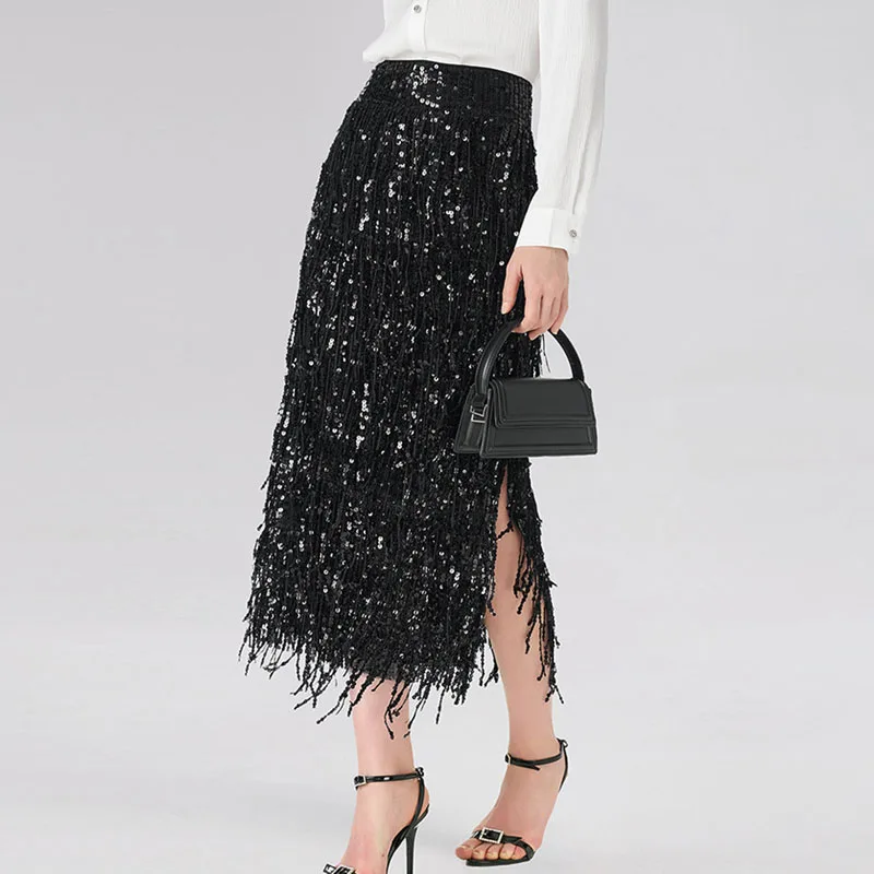 Stylish Glitter Sequined Sparkly Evening Skirts Elegant 2026 Spring High Waist Slim Split Tassel Skirt Summer Sexy Women's Skirt