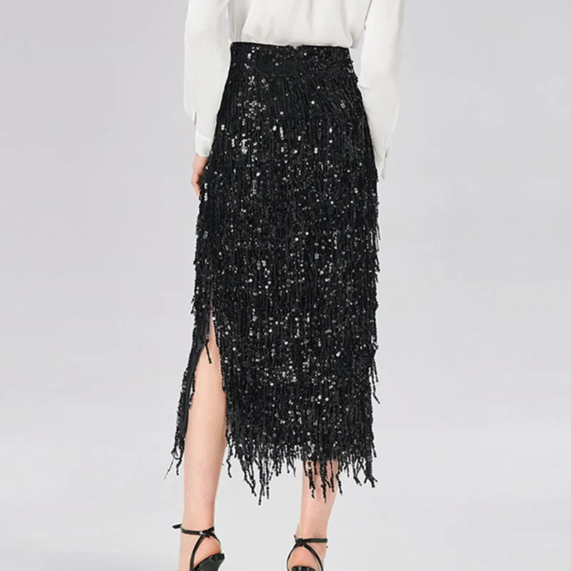 Stylish Glitter Sequined Sparkly Evening Skirts Elegant 2026 Spring High Waist Slim Split Tassel Skirt Summer Sexy Women's Skirt