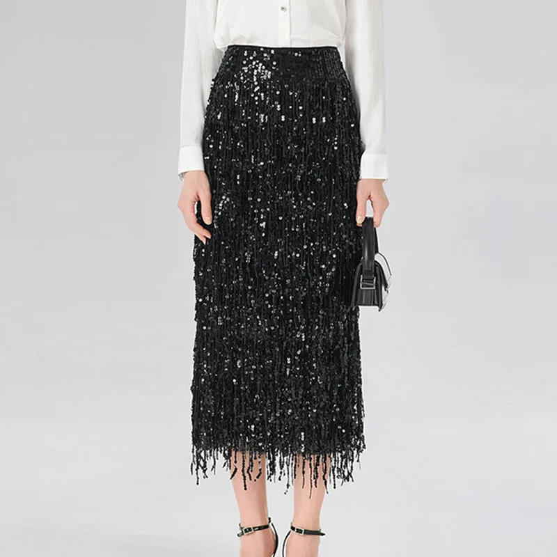 Stylish Glitter Sequined Sparkly Evening Skirts Elegant 2026 Spring High Waist Slim Split Tassel Skirt Summer Sexy Women's Skirt
