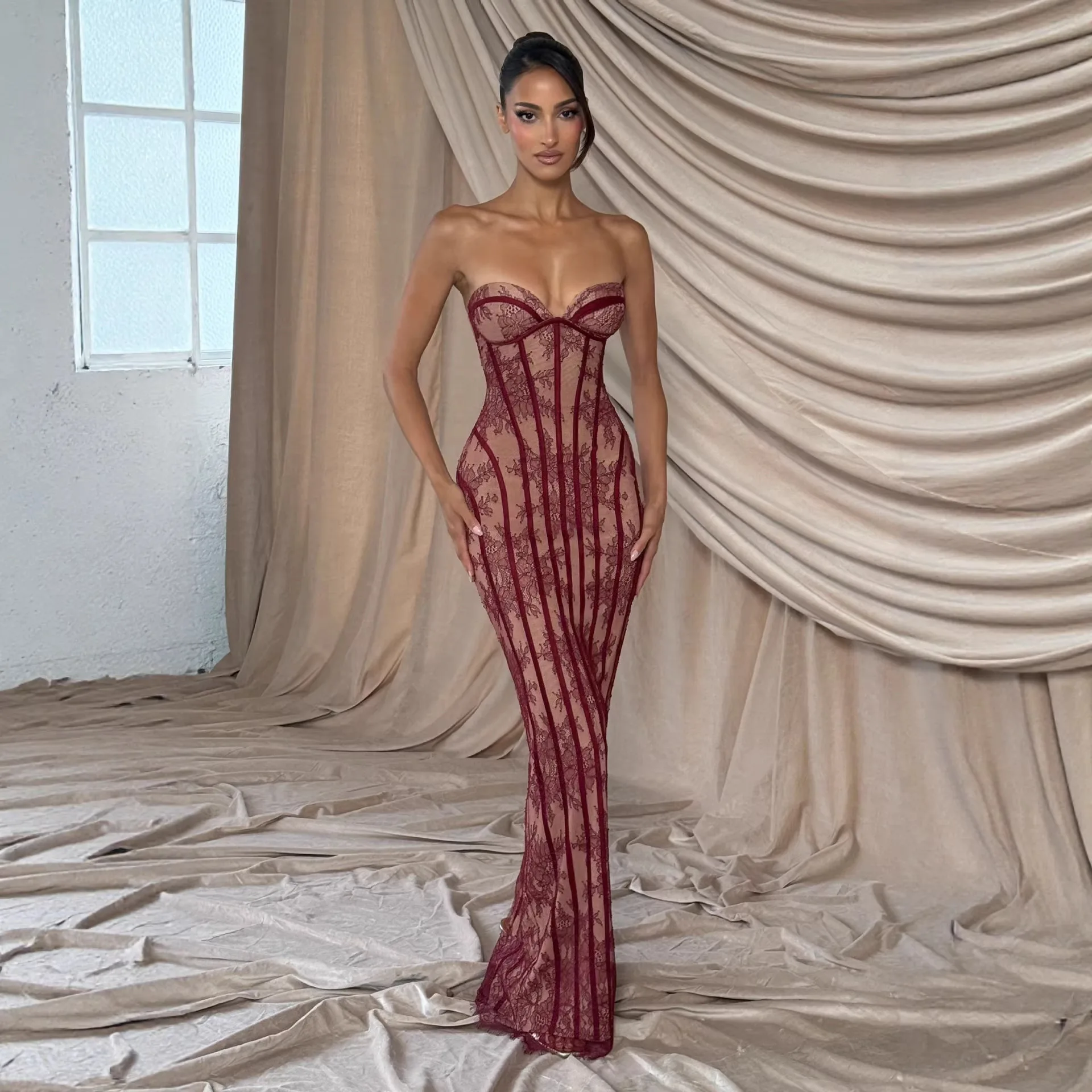 Cryptographic Strapless Elegant Party Dresses Strip Bodycon Evening Maxi Wedding Guest Woman Lace Up Backless Dress 2026