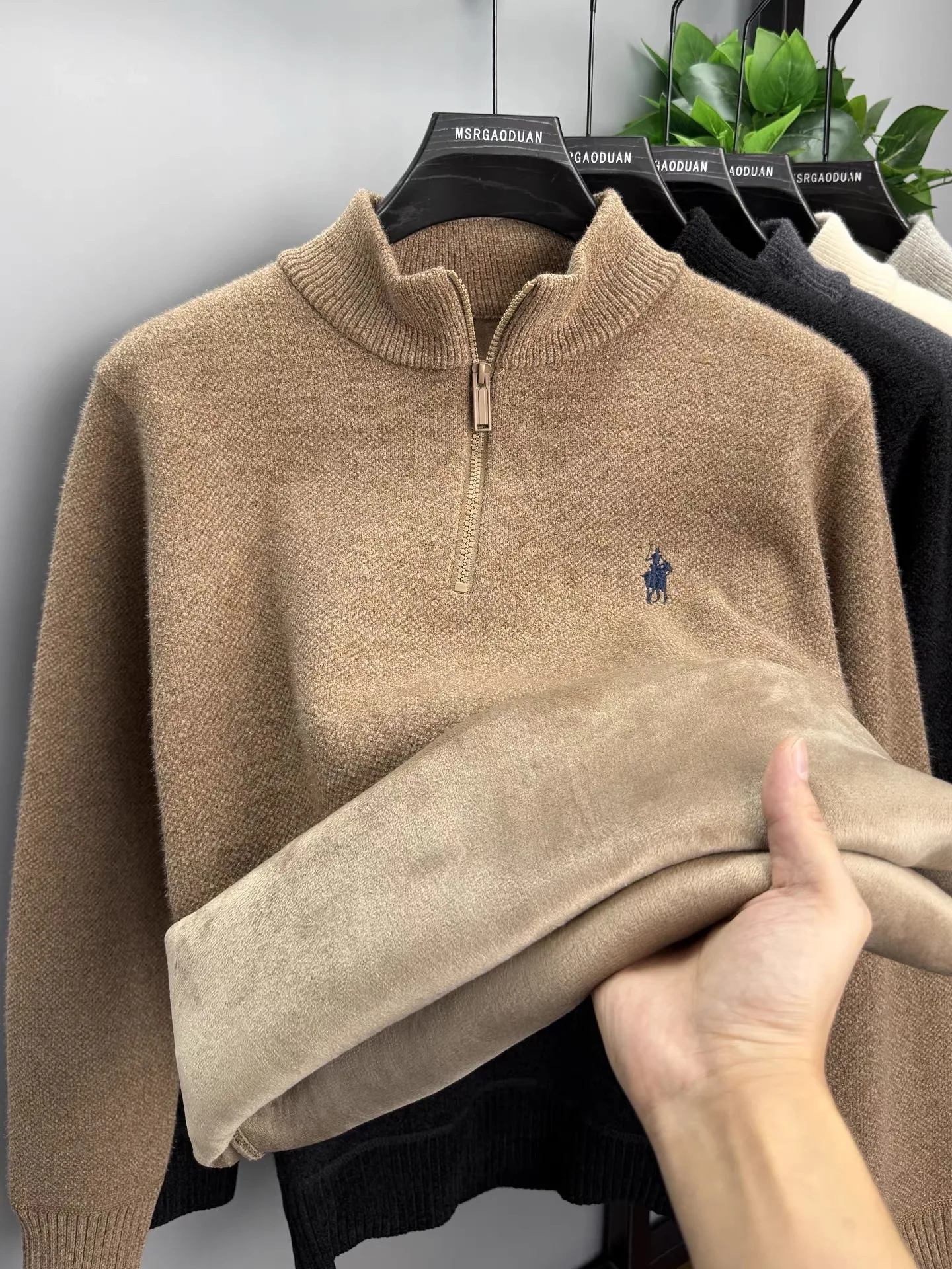 Luxury brand zipper semi high neck sweater men's high-end fashion ponytail golf embroidery winter new velvet warm knit pullover