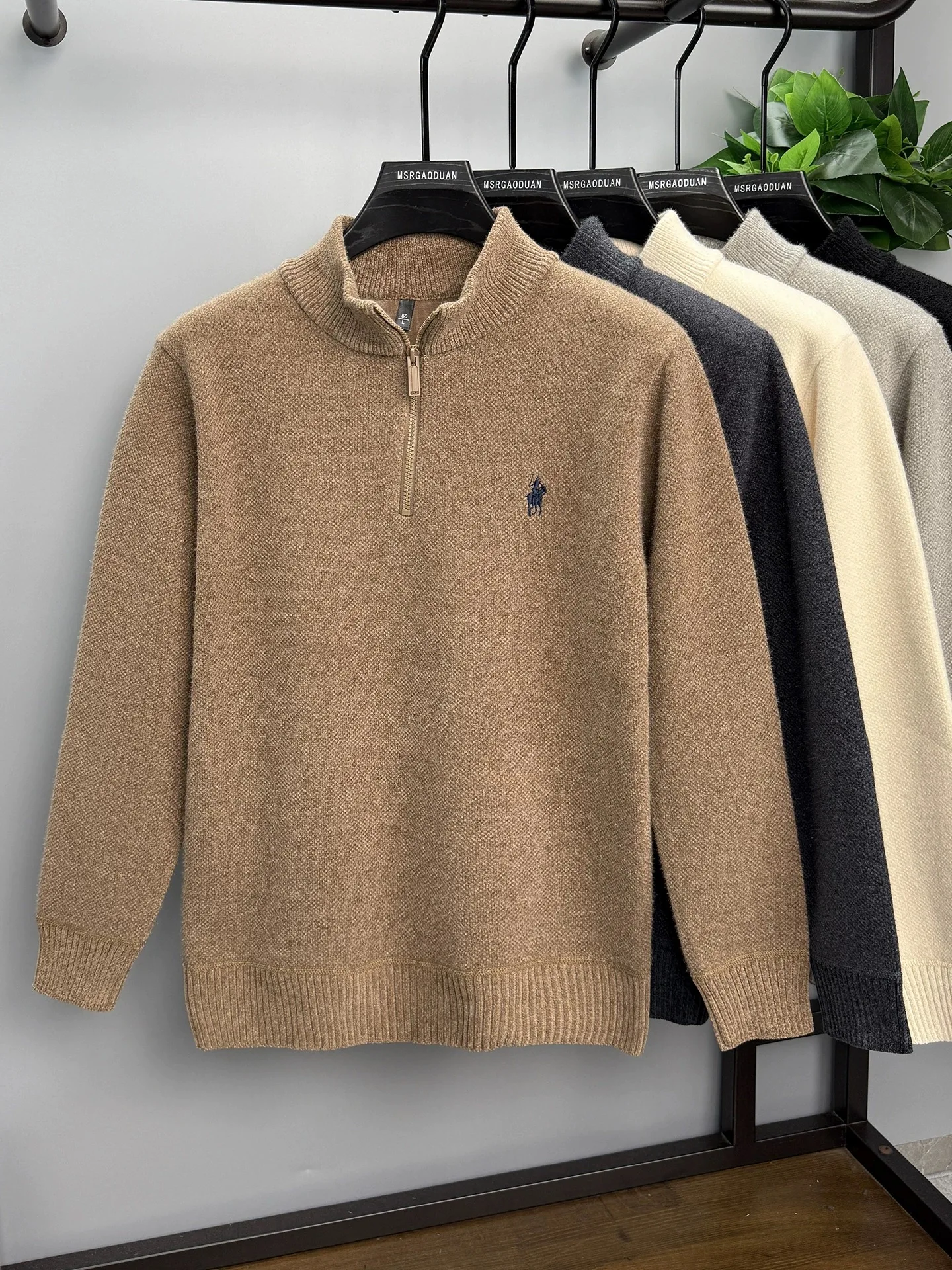 Luxury brand zipper semi high neck sweater men's high-end fashion ponytail golf embroidery winter new velvet warm knit pullover