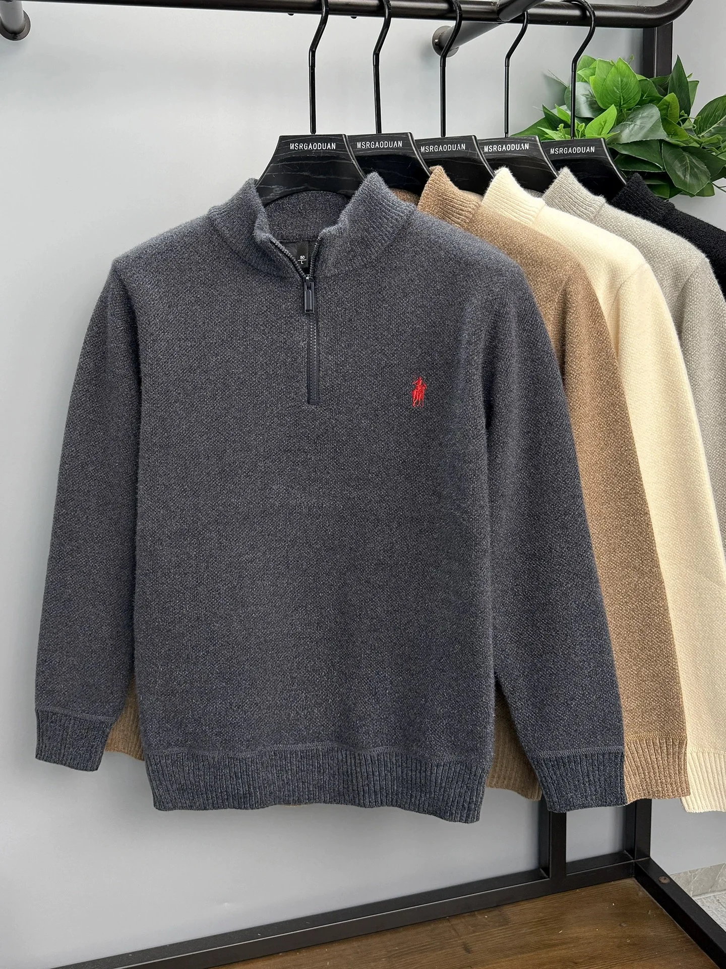 Luxury brand zipper semi high neck sweater men's high-end fashion ponytail golf embroidery winter new velvet warm knit pullover