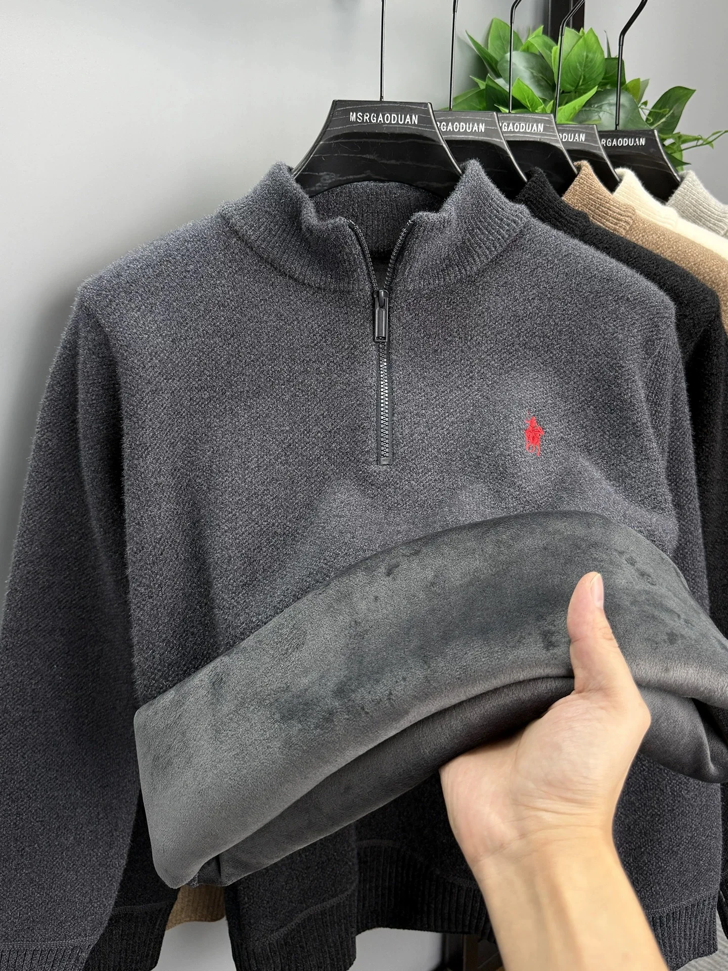 Luxury brand zipper semi high neck sweater men's high-end fashion ponytail golf embroidery winter new velvet warm knit pullover