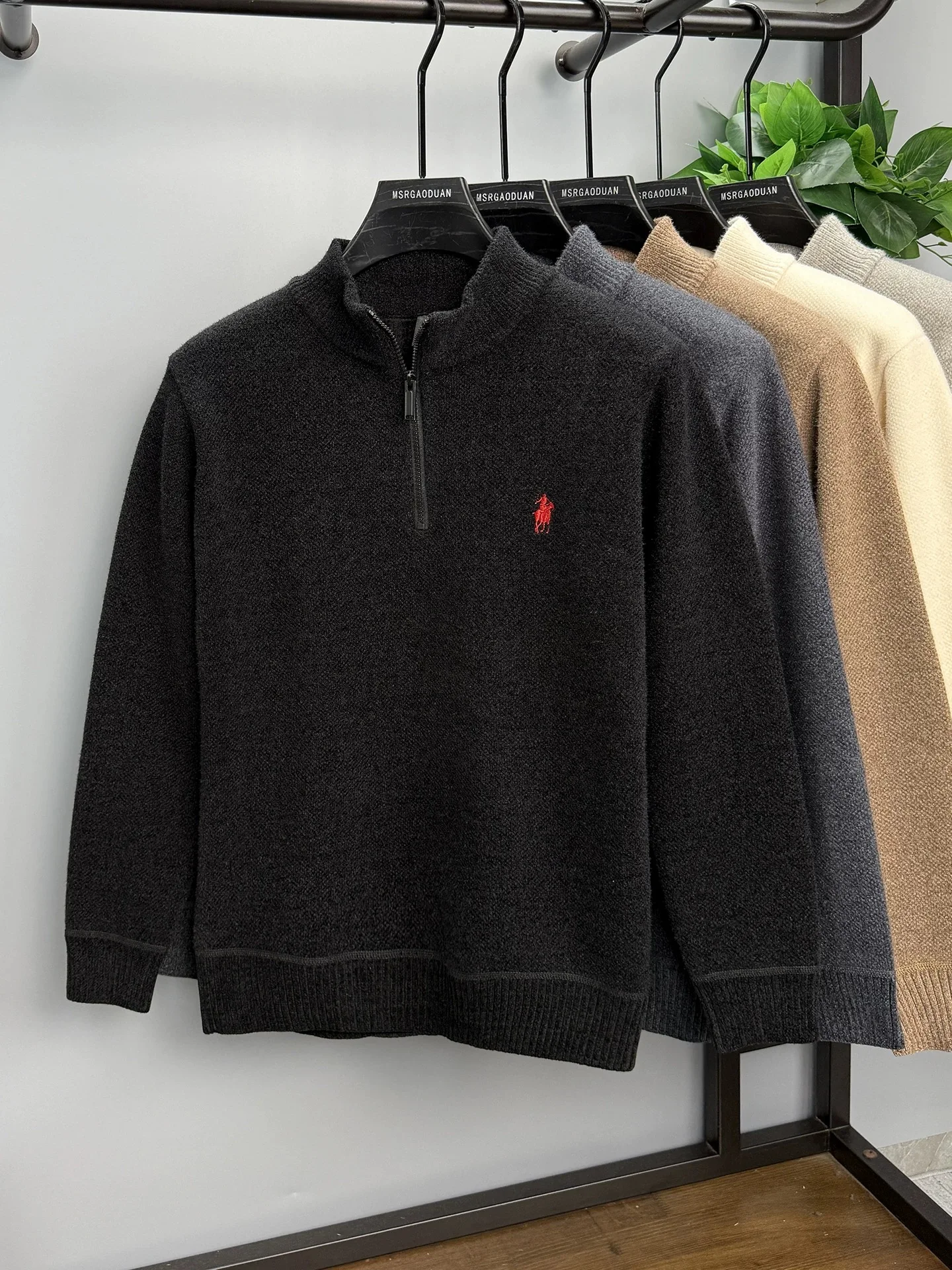 Luxury brand zipper semi high neck sweater men's high-end fashion ponytail golf embroidery winter new velvet warm knit pullover