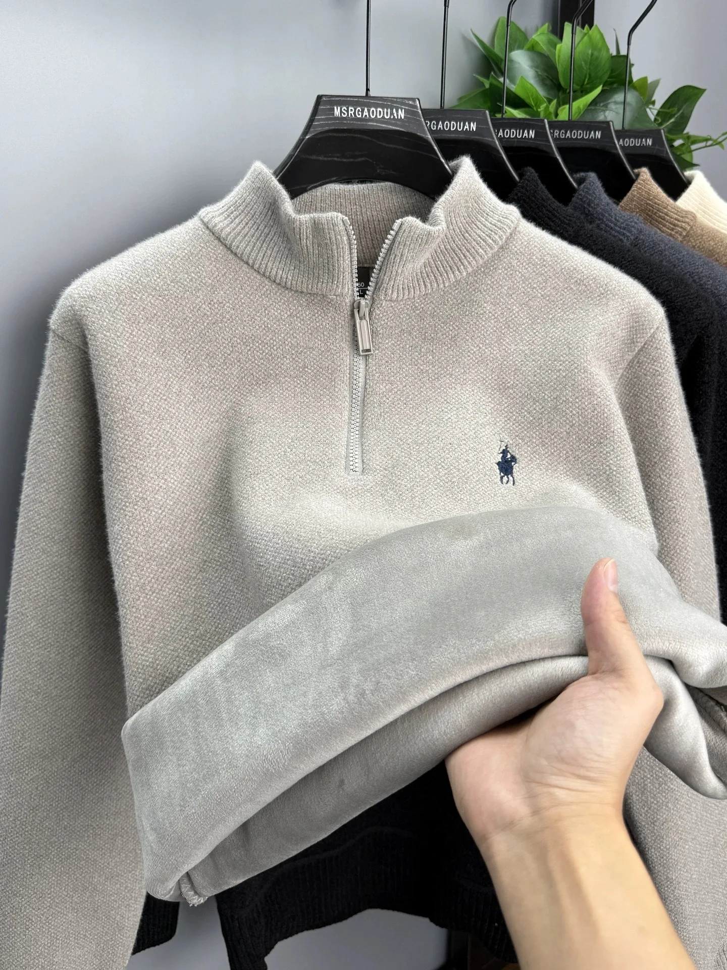 Luxury brand zipper semi high neck sweater men's high-end fashion ponytail golf embroidery winter new velvet warm knit pullover