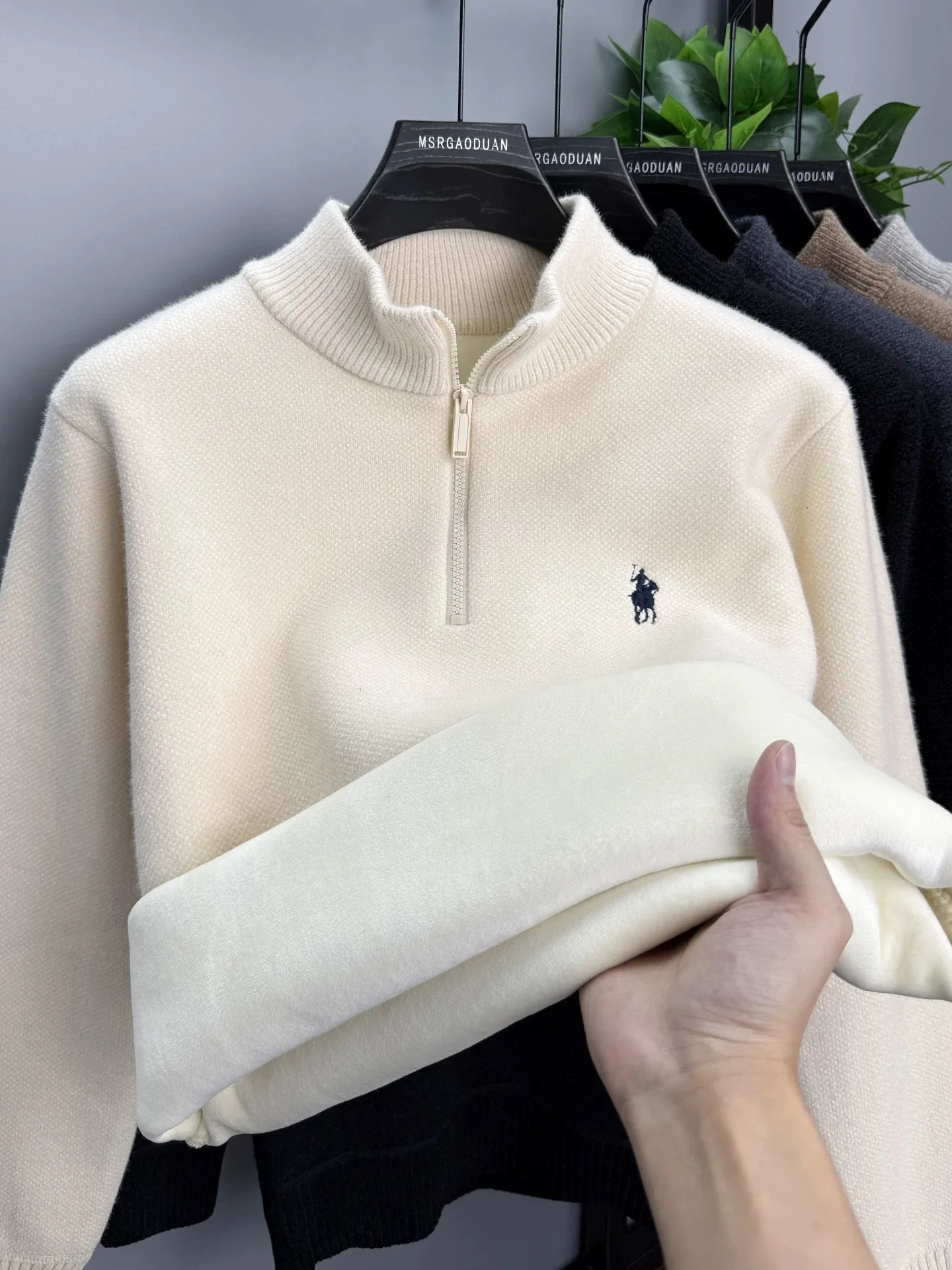 Luxury brand zipper semi high neck sweater men's high-end fashion ponytail golf embroidery winter new velvet warm knit pullover