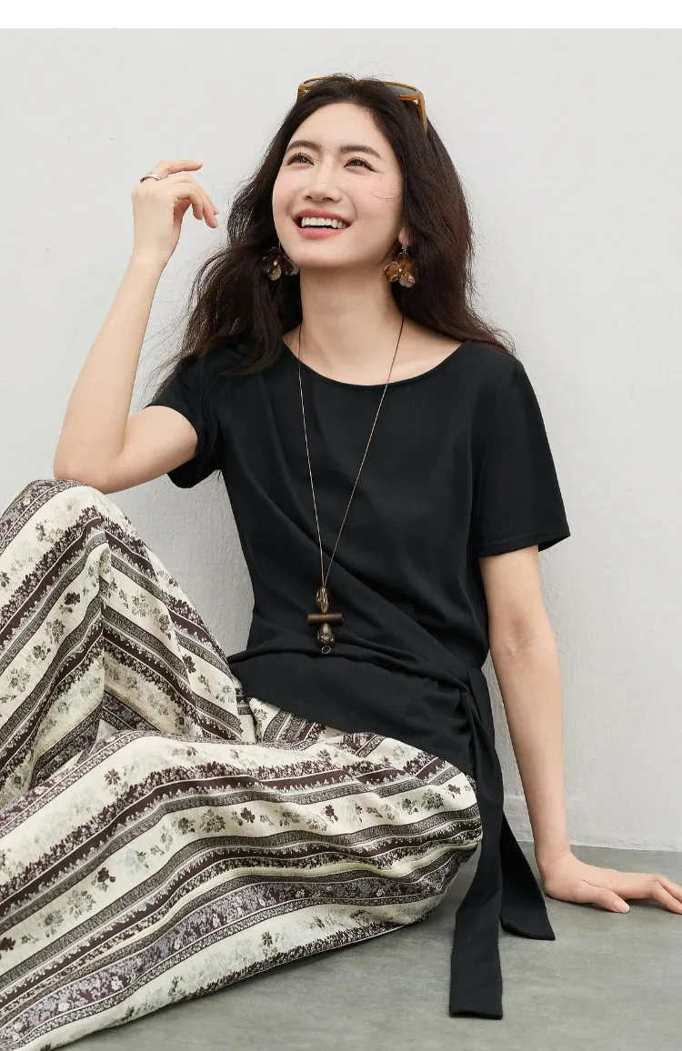 SENTUBILA Women's Summer T-Shirt Knit Cotton Short Sleeve Top 2026 Minimalist Round Neck Self-Tie Belt Slim Waist Tees 162TA3735