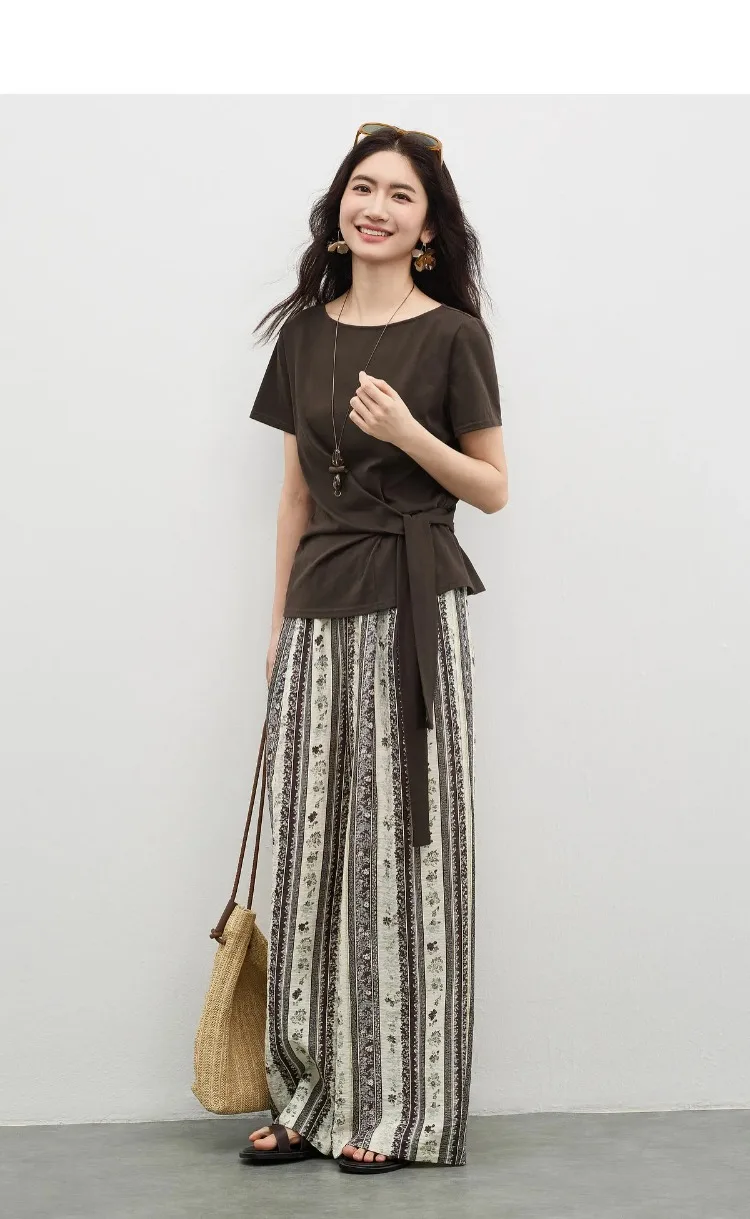 SENTUBILA Women's Summer T-Shirt Knit Cotton Short Sleeve Top 2026 Minimalist Round Neck Self-Tie Belt Slim Waist Tees 162TA3735