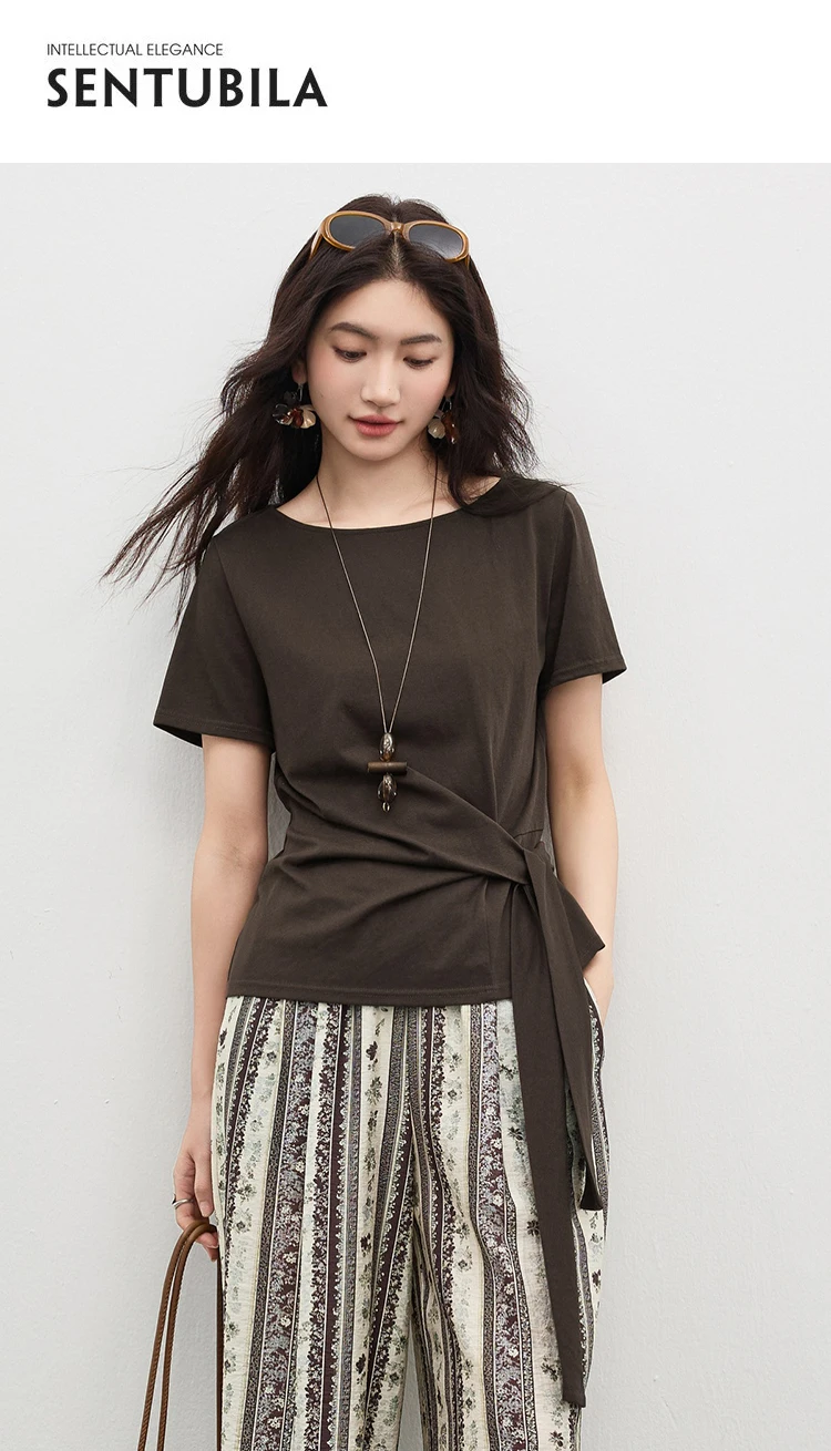 SENTUBILA Women's Summer T-Shirt Knit Cotton Short Sleeve Top 2026 Minimalist Round Neck Self-Tie Belt Slim Waist Tees 162TA3735