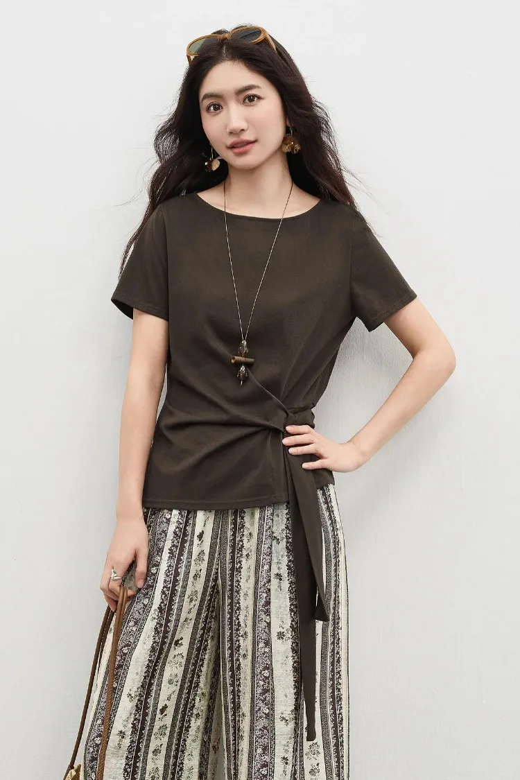 SENTUBILA Women's Summer T-Shirt Knit Cotton Short Sleeve Top 2026 Minimalist Round Neck Self-Tie Belt Slim Waist Tees 162TA3735