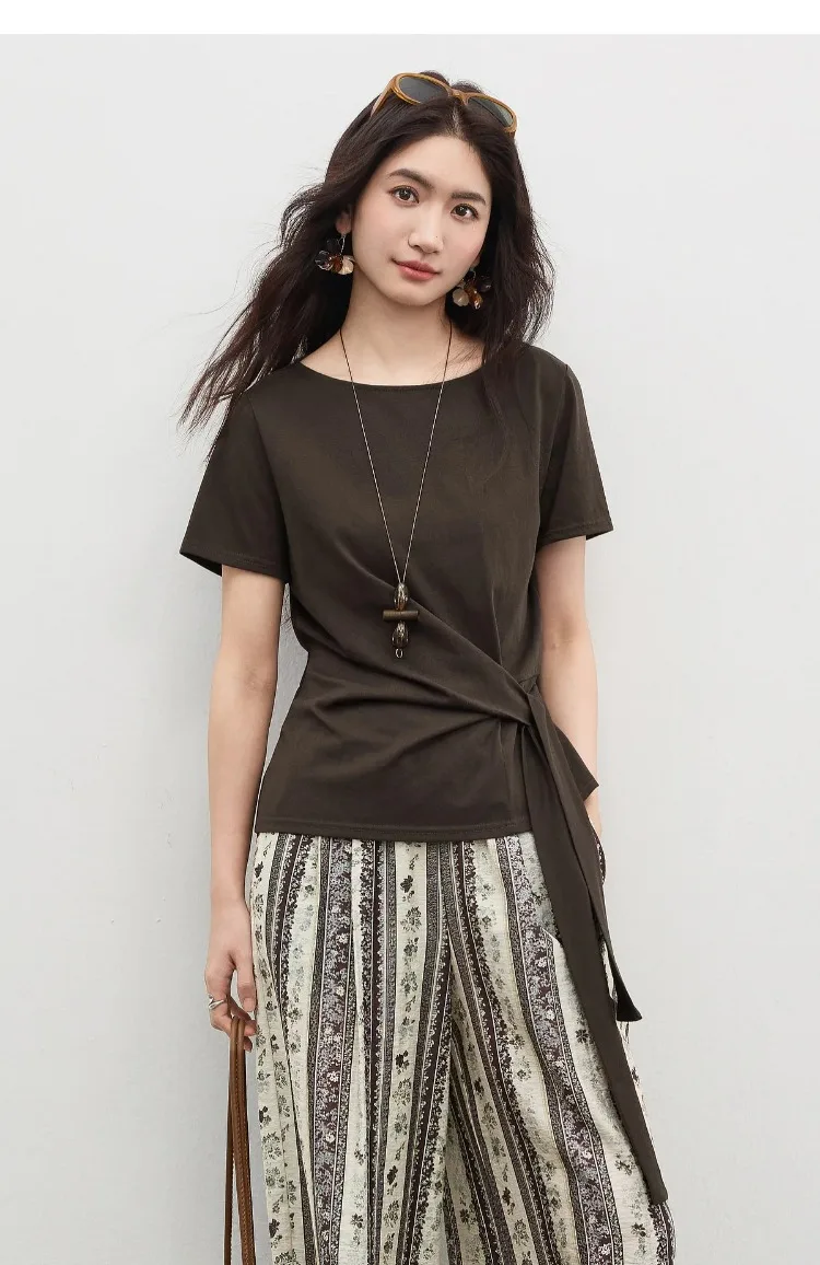 SENTUBILA Women's Summer T-Shirt Knit Cotton Short Sleeve Top 2026 Minimalist Round Neck Self-Tie Belt Slim Waist Tees 162TA3735