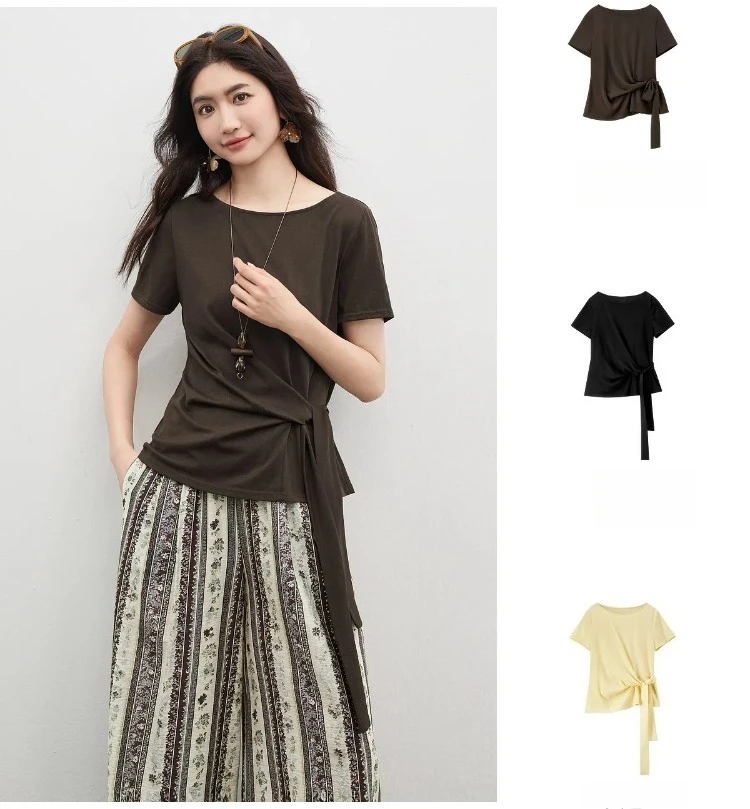 SENTUBILA Women's Summer T-Shirt Knit Cotton Short Sleeve Top 2026 Minimalist Round Neck Self-Tie Belt Slim Waist Tees 162TA3735