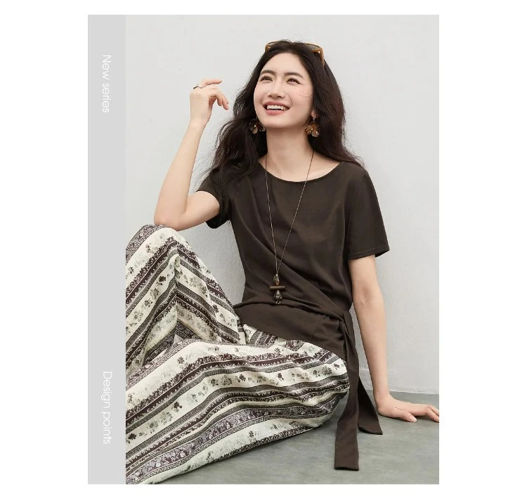 SENTUBILA Women's Summer T-Shirt Knit Cotton Short Sleeve Top 2026 Minimalist Round Neck Self-Tie Belt Slim Waist Tees 162TA3735