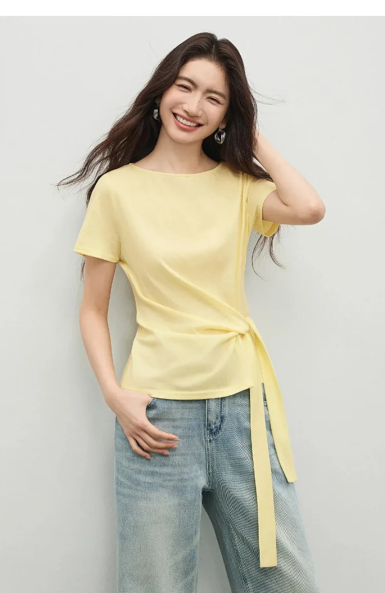 SENTUBILA Women's Summer T-Shirt Knit Cotton Short Sleeve Top 2026 Minimalist Round Neck Self-Tie Belt Slim Waist Tees 162TA3735