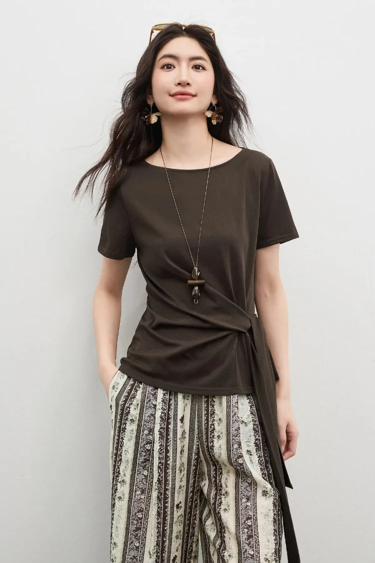 SENTUBILA Women's Summer T-Shirt Knit Cotton Short Sleeve Top 2026 Minimalist Round Neck Self-Tie Belt Slim Waist Tees 162TA3735