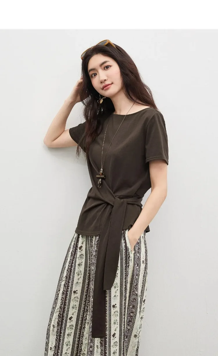 SENTUBILA Women's Summer T-Shirt Knit Cotton Short Sleeve Top 2026 Minimalist Round Neck Self-Tie Belt Slim Waist Tees 162TA3735