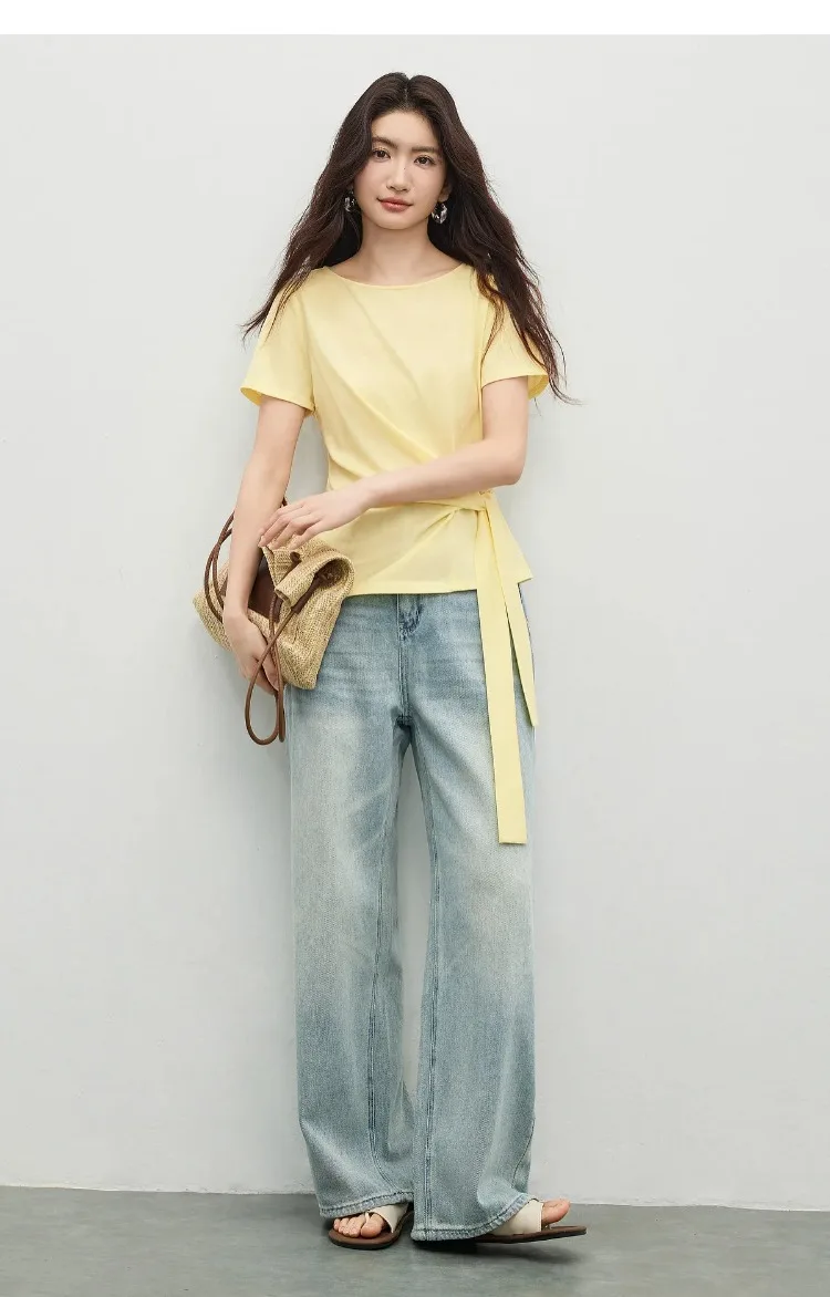 SENTUBILA Women's Summer T-Shirt Knit Cotton Short Sleeve Top 2026 Minimalist Round Neck Self-Tie Belt Slim Waist Tees 162TA3735
