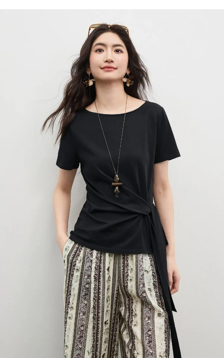 SENTUBILA Women's Summer T-Shirt Knit Cotton Short Sleeve Top 2026 Minimalist Round Neck Self-Tie Belt Slim Waist Tees 162TA3735
