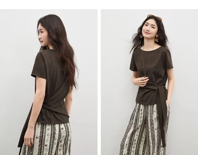 SENTUBILA Women's Summer T-Shirt Knit Cotton Short Sleeve Top 2026 Minimalist Round Neck Self-Tie Belt Slim Waist Tees 162TA3735