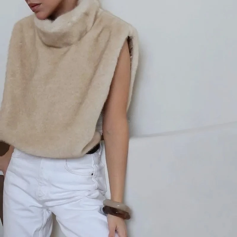 Autumn Winter Turtleneck Eco Mink Fur Tank Tops Sleeveless Jacket Coat New Fashion Faux Fur Sable Vest Crop Top