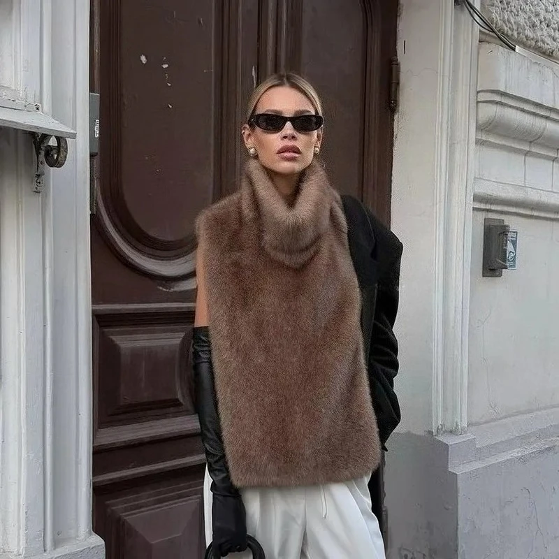 Autumn Winter Turtleneck Eco Mink Fur Tank Tops Sleeveless Jacket Coat New Fashion Faux Fur Sable Vest Crop Top