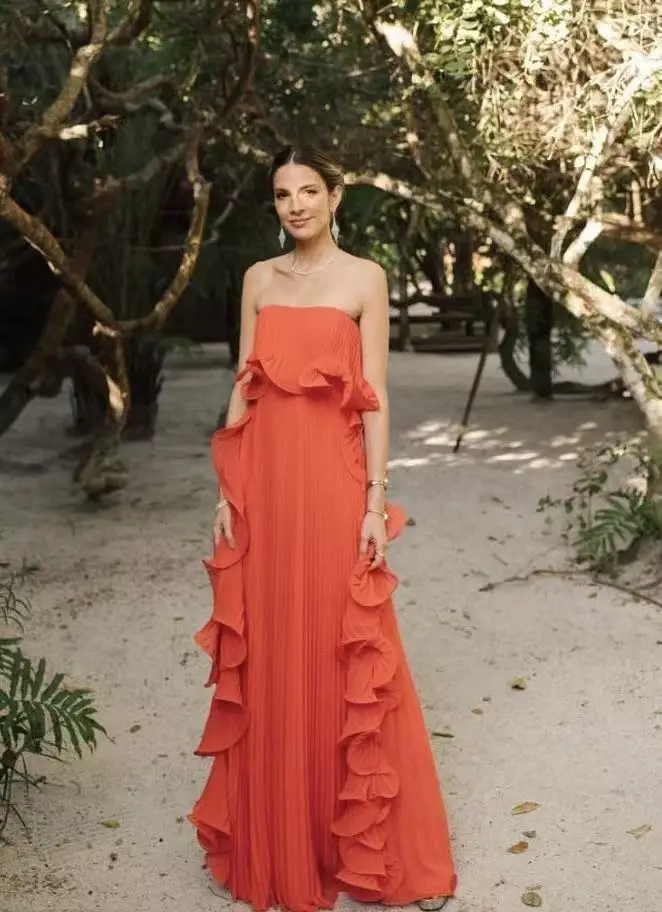 Elegant Women's Strapless Ruffles Long Dress Off Shoulder Pleated Maxi Dresses Evening Wedding Guest Party Gown Beach Vacation