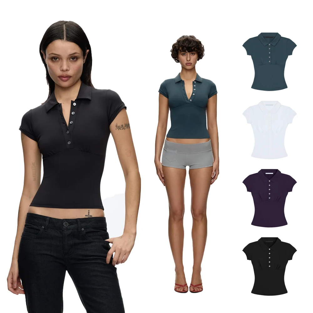 Tank Polo Collar Short-Sleeve T-Shirt, Slim-Fit Waist-Cinching Style, Slimming Hot Girl Style Short Top, High-Elastic Slim-Fit Waist-Cinching Polo Shirt, Hot Girl Style for Layering or Wearing Alone