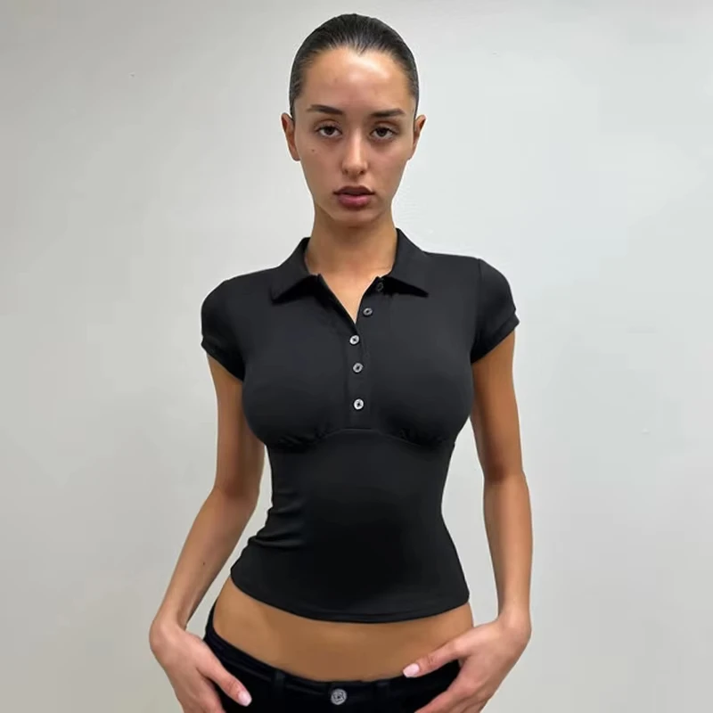 Tank Polo Collar Short-Sleeve T-Shirt, Slim-Fit Waist-Cinching Style, Slimming Hot Girl Style Short Top, High-Elastic Slim-Fit Waist-Cinching Polo Shirt, Hot Girl Style for Layering or Wearing Alone