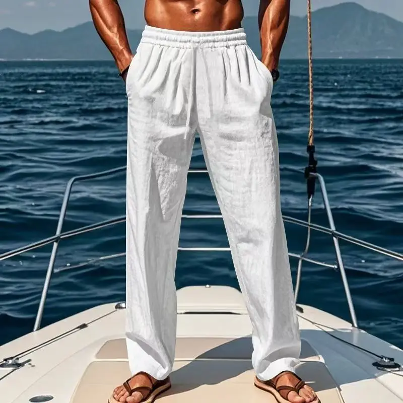 Men's Lightweight Breathable Linen Blend Pants with Drawstring Waist Loose Fit Beach Trousers