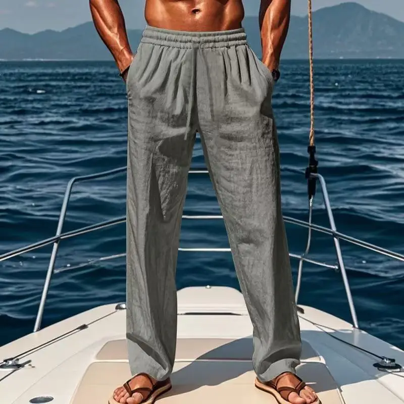 Men's Lightweight Breathable Linen Blend Pants with Drawstring Waist Loose Fit Beach Trousers