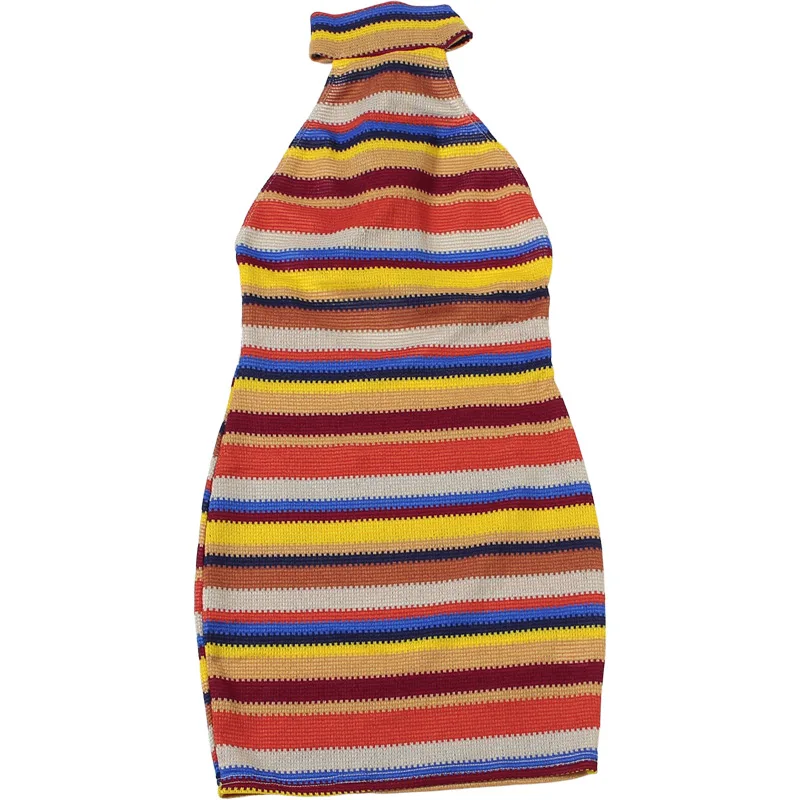 Cryptographic Striped Knit Halter Mini Dress Colorful Contrast Sleeveless Backless Summer Casual Clubwear Bodycon Short Dresses