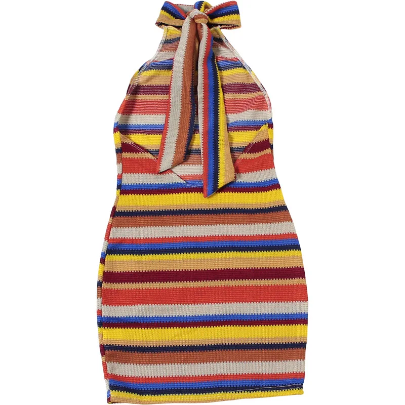 Cryptographic Striped Knit Halter Mini Dress Colorful Contrast Sleeveless Backless Summer Casual Clubwear Bodycon Short Dresses