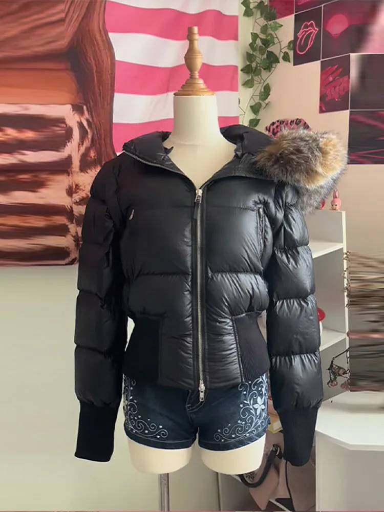Y2K Retro Slim Women's Autumn and Winter Title Seamed Cotton Jacket Faux Fur Collar Long Sleeve Jacket 2025 New Jacket